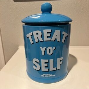 NBC Parks and Recreation Treat Yo' Self Cookie Jar Canister Blue & White 10" EUC
